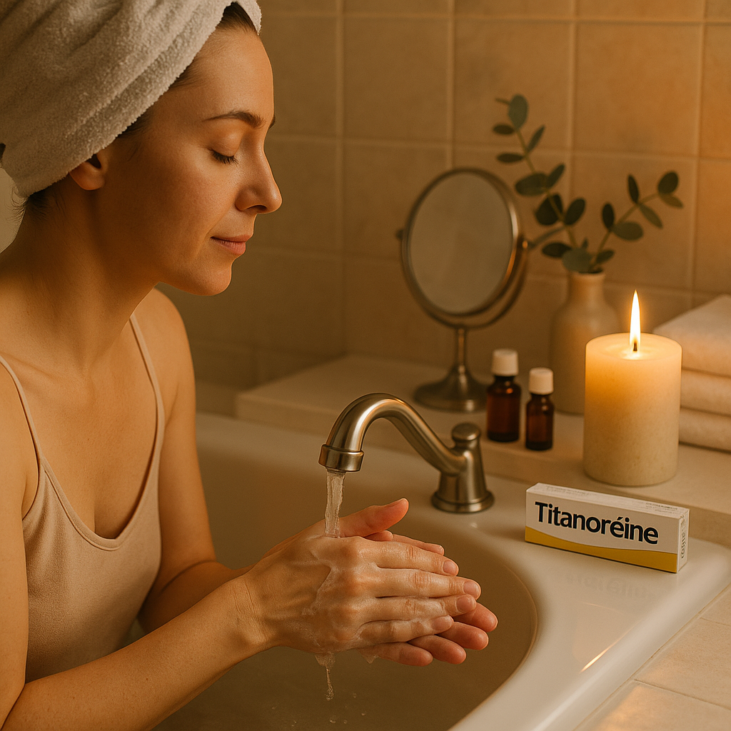 Personne se lavant les mains après avoir utilisé Titanoréine dans une ambiance de bien-être.
