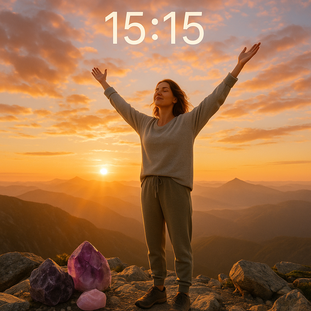 Personne en méditation au sommet d'une montagne au lever du soleil, symbolisant la transformation personnelle à travers l'heure miroir 15h15.