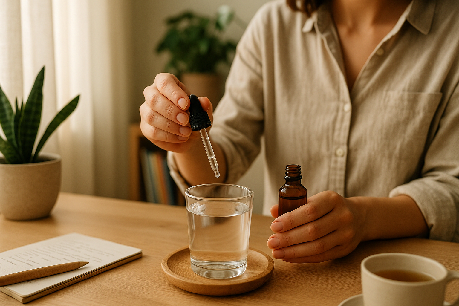 Geste doux : ajout de gouttes de fleurs de Bach dans un verre d'eau à la maison