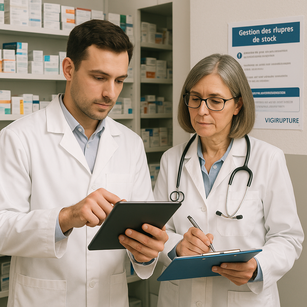 Professionnels de santé utilisant une tablette dans une pharmacie pour gérer les ruptures de médicaments.
