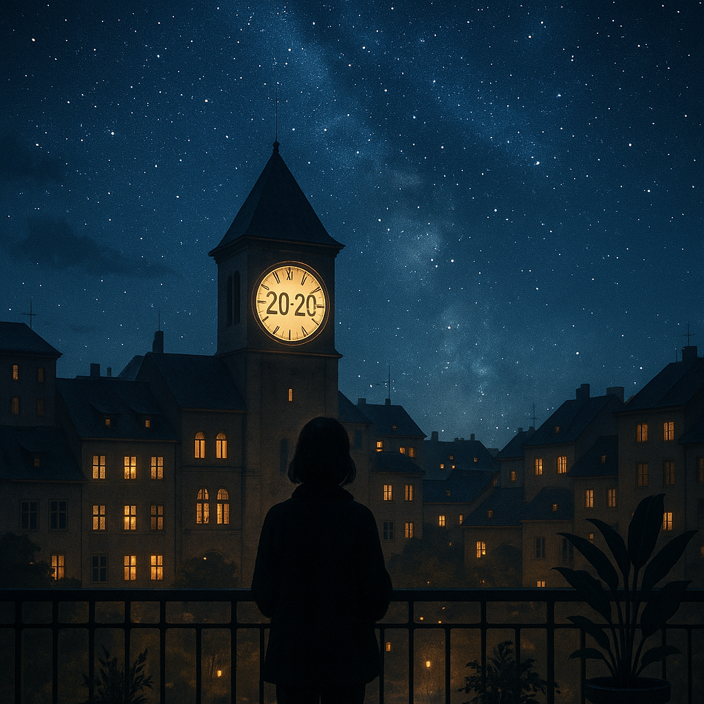 Scène nocturne représentant l'heure miroir 20h20 avec une ville éclairée et une silhouette contemplant le ciel.