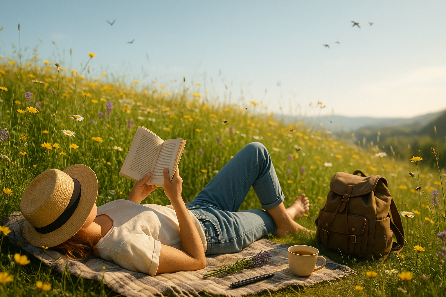 Femme seule allongée dans un champ fleuri, lisant tranquillement