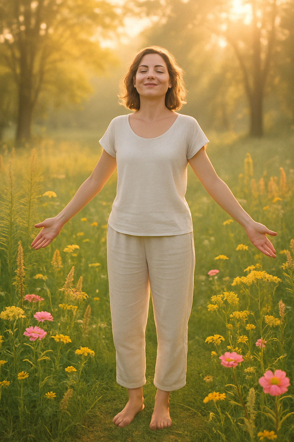 Femme paisible debout pieds nus dans une prairie au lever du soleil