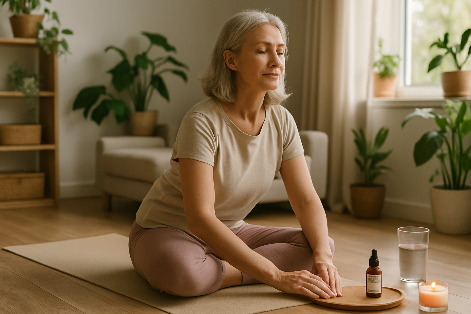 Femme pratiquant du yoga doux dans un intérieur paisible et lumineux.