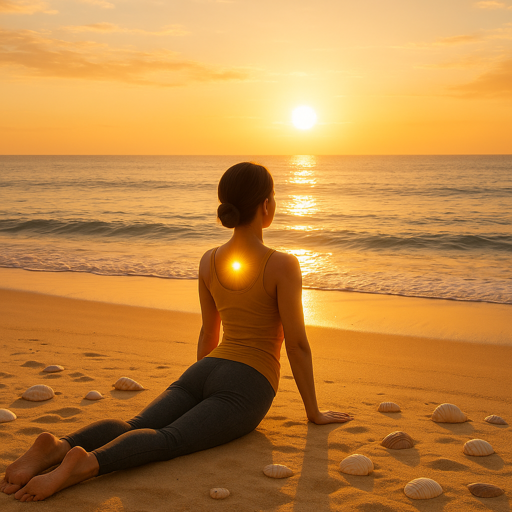 Personne pratiquant le yoga au bord de la mer pendant le lever du soleil, symbolisant l'harmonie du chakra du plexus solaire